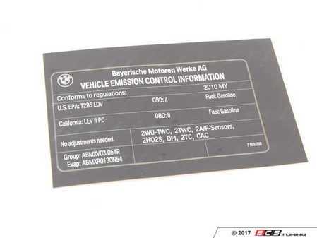 ES#1833276 - 71227599238 - E82 Exhaust Emissions Label - Details emissions information in the engine bay. - Genuine BMW - BMW