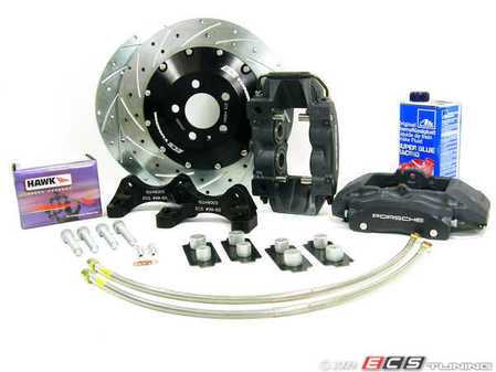 ES#1178 - MK4S2V2BBK-B XS - ECS Big Brake Kit - Stage 2 Version 2 - Cross Drilled & Slotted Rotors (332x26) - (NO LONGER AVAILABLE) - Four piston Black Porsche Boxster caliper, caliper carrier, pads, sensors, floating zinc coated rotors, exact-fit stainless steel lines, and hardware - ECS - 