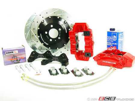 ES#1180 - MK4S2V2BBK-R XS - ECS Big Brake Kit - Stage 2 Version 2 - Cross Drilled & Slotted Rotors (332x26) - (NO LONGER AVAILABLE) - Four piston Red Porsche Boxster caliper, caliper carrier, pads, sensors, floating zinc coated rotors, exact-fit stainless steel lines, and hardware - ECS - 