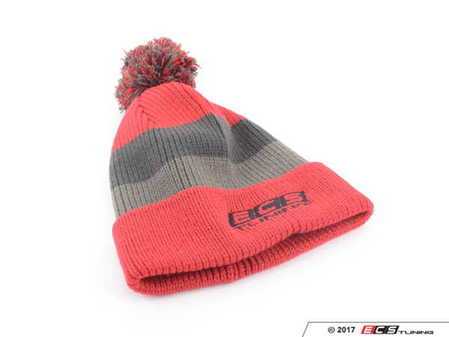 ES#3411268 - 6060070 - ECS Striped Beanie with Pom - Red - (NO LONGER AVAILABLE) - Featuring black embroidered ECS Tuning logo on front center - ECS - 