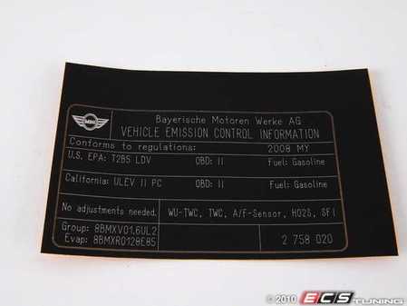 ES#207447 - 71222758020 - Exhaust Emissions Label Sticker - Priced Each - Replace your worn or lost sticker - Genuine MINI - MINI