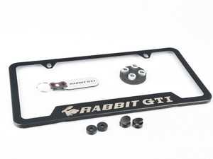 ES#3571859 - 5G0087700 - Rabbit GTI Edition License Plate Frame Kit - Black stainless steel plate frame, brushed aluminum key chain, and valve stem caps with the Rabbit logo - Genuine Volkswagen Audi - Volkswagen