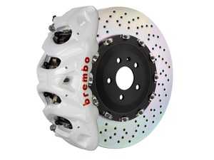 ES#3662278 - 1Q1.9607A6K - Brembo GT Front Big Brake Kit - 2 Piece Drilled Rotors (412x38mm) - Featuring white 8 piston calipers, stainless brake lines, and Brembo Sport brake pads - Brembo - Audi
