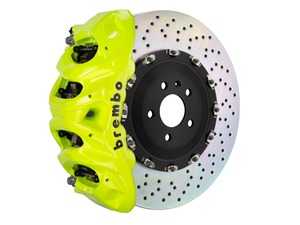 ES#3662279 - 1Q1.9607A7K - Brembo GT Front Big Brake Kit - 2 Piece Drilled Rotors (412x38mm) - Featuring fluo. yellow 8 piston calipers, stainless brake lines, and Brembo Sport brake pads - Brembo - Audi