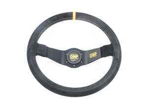 ES#3192145 - OD/1951 - Rally Racing Steering Wheel - Black/Yellow Suede - Black leather 2 spoke steering wheel with yellow reference mark. - OMP - BMW