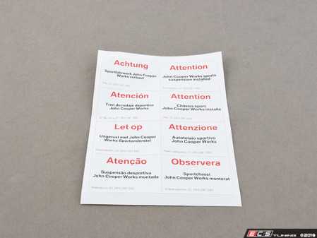 ES#12615 - 01290391593 - JCW Sport Suspension Stickers - Stickers that are used to put in the door jam or engine bay to note the suspension has been changed - Genuine MINI - MINI