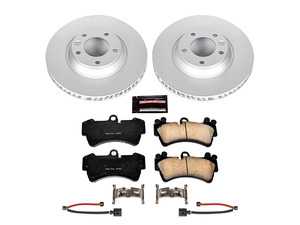 ES#3988930 - CRK4558 - Power Stop Z23 Evolution Sport Coated Front Brake Kit (350x34) - A premium front axle upgrade package featuring high-carbon smooth Geomet coated performance rotors, low-dust carbon-fiber ceramic pads, and mechanical wear sensors. - Power Stop - Audi Volkswagen Porsche