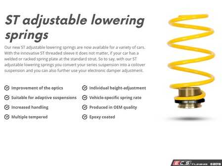 ES#4045191 - 273100BK - ST Adjustable Lowering Springs - Allows individual ride height adjustment at each corner of your vehicle - Make your stock suspension height adjustable, without compromise! Average lowering of 1.0"-2.0" front and rear. - Suspension Techniques - Audi