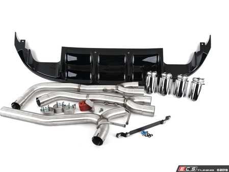 ES#3675312 - 027366ECS01-01KT - MK7 Jetta Quad Exit Axle-Back Exhaust System - With Gloss Black Rear Diffuser & 3.5" Chrome Tips - Upgrade the appearance and sound of your 1.4T Jetta with our ECS Quad-Tip Exhaust and Rear Diffuser Kit - ECS - Volkswagen