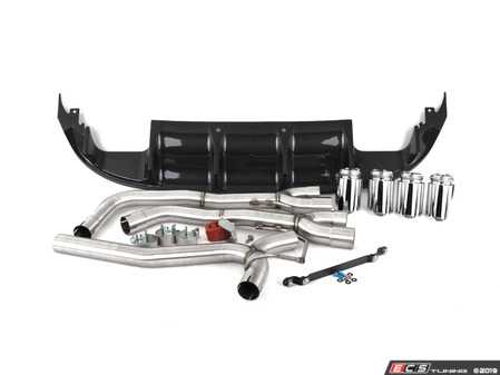 ES#3675309 - 027365ECS01-01KT - MK7 Jetta Quad Exit Axle-Back Exhaust System - With Carbon Fiber Rear Diffuser & 3.5" Chrome Tips - Upgrade the appearance and sound of your 1.4T Jetta with our ECS Quad-Tip Exhaust and Rear Diffuser Kit - ECS - Volkswagen