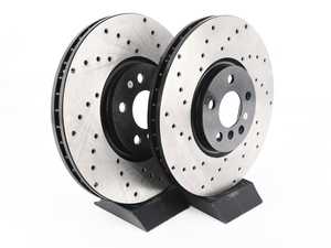 ES#3536545 - 128.34186KT - Cross Drilled Front JCW Rotors - Pair 13.189" (335x30) - This design removes performance robbing outgas and material dust caused by braking - StopTech - MINI