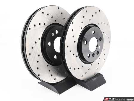 ES#3536545 - 128.34186KT - Cross Drilled Front JCW Rotors - Pair 13.189" (335x30) - This design removes performance robbing outgas and material dust caused by braking - StopTech - MINI