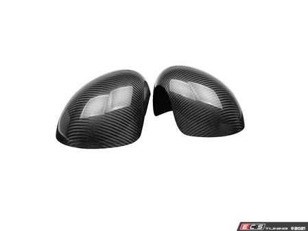 ES#4430396 - 51160415376 - JCW Style Carbon Fiber Mirror Cap Covers - Set - Attaches to the front of the side mirror housing over the stock mirror cap, peel and stick - ECS - MINI