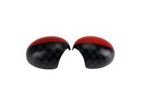 ES#4430530 - 51162754916 - JCW Style Checkered/Red Mirror Cap Covers - Set - Attaches to the front of the side mirror housing over the stock mirror cap, peel and stick - ECS - MINI