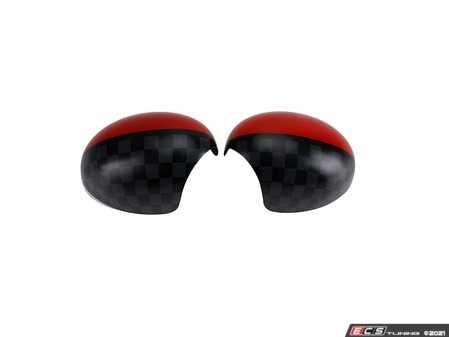 ES#4430530 - 51162754916 - JCW Style Checkered/Red Mirror Cap Covers - Set - Attaches to the front of the side mirror housing over the stock mirror cap, peel and stick - ECS - MINI