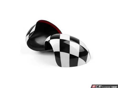 ES#4430610 - 51160415117 - Checkered Mirror Cap Covers - Set - Attaches to the front of the side mirror housing over the stock mirror cap, peel and stick - ECS - MINI