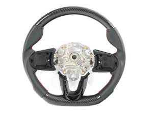 ES#4338026 - BM152-F5614-CP-R - ECS MINI Cooper Flat Bottom Carbon Fiber Steering Wheel (Carbon/Perforated Leather/Red Stitching) NO RED Center Stripe - Gen 3 - Hand made carbon fiber inserts on the top and bottom with Leather/red stitching on the sides - ECS - MINI