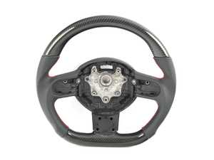 ES#4338040 - BM152-R5606-CP-R - ECS MINI Cooper Flat Bottom Carbon Fiber Steering Wheel (Carbon/Perforated Leather/Red Stitching) NO Red Center Stripe- Gen 2 - Hand made carbon fiber inserts on the top and bottom with Leather/red stitching on the sides - ECS - MINI