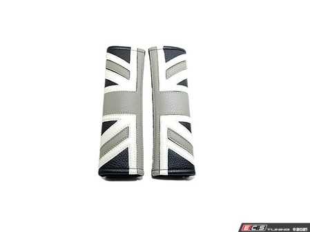 ES#4465437 - IP218 - Union Jack  Gray Jack Seat Belt Strap Covers - Pair - Slides on the standard seat belts and provides cushion - ECS - MINI