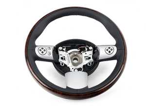 ES#52617 - 32306769734 - Three Spoke Steering Wheel - Wood & Leather - Wood trim outside rim with leather interior w/ multifunction - Genuine MINI - MINI