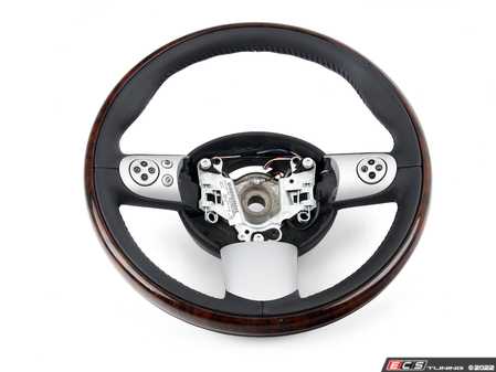 ES#52617 - 32306769734 - Three Spoke Steering Wheel - Wood & Leather - Wood trim outside rim with leather interior w/ multifunction - Genuine MINI - MINI