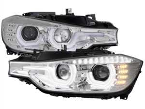 ES#4492490 - LHPF3012TM - Upgraded Projector Headlights - Chrome Housing/Clear Lens - F30 - Chrome housing, clear lens dual U-bar projector headlights with LED light strip & LED turn signal lights - Spec-D Tuning - BMW
