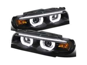 ES#3021475 - LHPE3895JMTM - LED Dual Halo Projector Headlight Set - Matte Black Housing/Clear Lens - E38 - Matte black housing, clear lens dual halo projector headlights with LED light bar - Spec-D Tuning - BMW