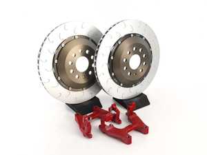 ES#4265532 - 034-301-2004-R - 2-Piece Floating Rear Brake Rotor Upgrade Kit - Red Carriers - 350mm 2-Piece Floating Rear Brake Rotor Upgrade for MQB VW & Audi is a complete replacement brake rotor and caliper carrier kit, designed to work flawlessly with the factory rear calipers. - 034Motorsport - Audi Volkswagen