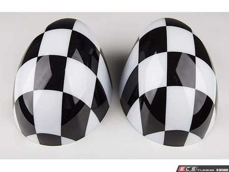 ES#4500416 - 51140301501 - Mirror Cap Checkered Flag - Set - Attaches to the front of the side mirror housing over the stock mirror cap, peel and stick - ECS - MINI