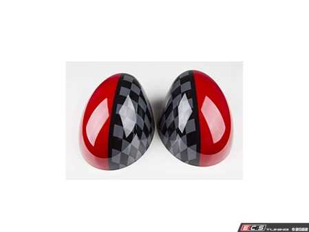 ES#4504639 - 51167030715JCWRD - Mirror Cap JCW Black / RED - Set - Attaches to the front of the side mirror housing over the stock mirror cap, peel and stick - ECS - MINI