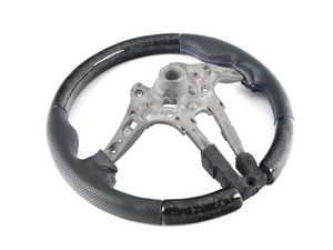 ES#4413608 - BM152-F8014-FP3S - Perforated Leather On The Sides, Forged Carbon On Top, Tri-color Stitching, No Center Stripe - This forged carbon fiber flat bottom steering wheel offers an ergonomic grip design and features perforated leather, forged carbon fiber, tri-color stitching for a beautiful and functional replacement wheel! - ECS - BMW