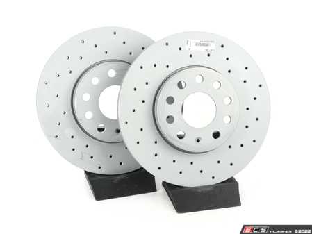 ES#4067045 - 5q0615301hKT - Front Cross Drilled Brake Rotors - Pair (288x25) - Upgrade to a drilled rotor for improved braking - Zimmermann - Audi Volkswagen