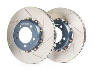 ES#4615832 - A2-032B - Rear 2-Piece Floating Slotted Rotors - Pair (350mm) - Lightweight construction and a floating, 2-piece design! Includes caliper spacers to accommodate the larger 350mm size over stock. - Girodisc - Porsche