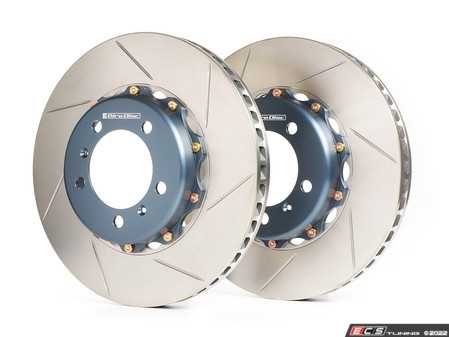 ES#4615832 - A2-032B - Rear 2-Piece Floating Slotted Rotors - Pair (350mm) - Lightweight construction and a floating, 2-piece design! Includes caliper spacers to accommodate the larger 350mm size over stock. - Girodisc - Porsche