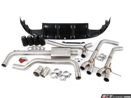 ES#4642892 - 020846LA02 - MK7 Jetta Quad Exit Cat-Back Exhaust System - With Gloss Black Rear Diffuser & 3.5"  Black Chrome Tips - (NO LONGER AVAILABLE) - Upgrade the appearance and sound of your 1.4T Jetta with our ECS Quad-Tip Exhaust and Gloss Black Rear Diffuser Kit - ECS - 