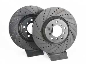 ES#4669184 - 34112229529-XS - Front V5 Drilled & Slotted Brake Rotors - Set (325x28) - Precision manufactured for consistent stopping power during high performance driving. Featuring a matte black zinc coating for corrosion protection. - ECS - BMW