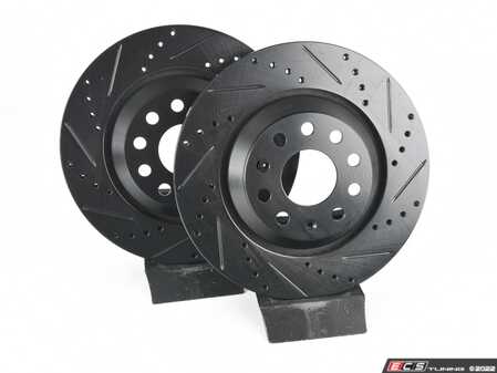 ES#4668302 - 5Q0615601E-XS - Rear V5 Drilled & Slotted Brake Rotors - Set (310x22) - Precision manufactured for consistent stopping power during high performance driving. Featuring a matte black zinc coating for corrosion protection. - ECS - Audi Volkswagen