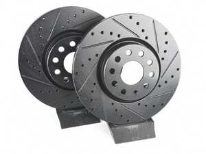 ES#4668311 - 5Q0615301F-XS - Front V5 Drilled & Slotted Brake Rotors - Set (312x25) - Precision manufactured for consistent stopping power during high performance driving. Featuring a matte black zinc coating for corrosion protection. - ECS - Audi Volkswagen
