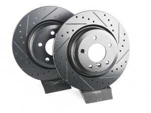 ES#4668977 - 34216855004-XS - Rear V5 Drilled & Slotted Brake Rotors - Set (336x22) - Precision manufactured for consistent stopping power during high performance driving. Featuring a matte black zinc coating for corrosion protection. - ECS - BMW