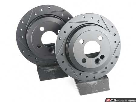 ES#5457086 - 34111502891KT19 - Performance Rear Brake Service Kit - Featuring ECS V5 drilled & slotted rotors and ECS EP24 "Enthusiast Performance" pads. - Assembled By ECS - MINI