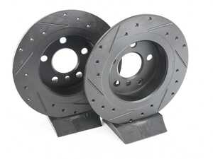 ES#4668459 - 34216799367-XS - Rear V5 Drilled & Slotted Brake Rotors - Set (280x10) - Precision manufactured for consistent stopping power during high performance driving. Featuring a matte black zinc coating for corrosion protection. - ECS - BMW MINI