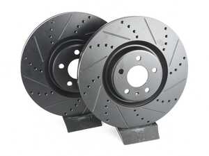 ES#4668347 - 4G0615301T-XS - Front V5 Drilled & Slotted Brake Rotors - Set (356x34) - Precision manufactured for consistent stopping power during high performance driving. Featuring a matte black zinc coating for corrosion protection. - ECS - Audi