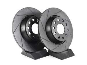 ES#4668281 - 5Q0615601G-S - Rear V5 Slotted Brake Rotors - Set (282x12) - Precision manufactured for consistent stopping power during high performance driving. Featuring a matte black zinc coating for corrosion protection. - ECS - Audi Volkswagen