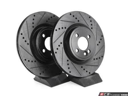 ES#5457116 - 34116855782KT14 - Performance Front Brake Service Kit - JCW - Featuring ECS V5 drilled & slotted rotors & ECS EP24 "Enthusiast Performance" pads. - Assembled By ECS - MINI