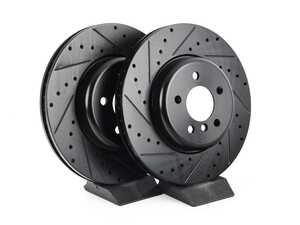 ES#4669204 - 34106898723-XS - Front V5 Drilled & Slotted Brake Rotors - Set (348x30) - Precision manufactured for consistent stopping power during high performance driving. Featuring a matte black zinc coating for corrosion protection. - ECS - BMW