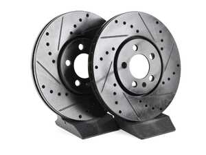 ES#4668391 - 3A0615301A-XS - Front V5 Drilled & Slotted Brake Rotors - Set (288x25) - Precision manufactured for consistent stopping power during high performance driving. Featuring a matte black zinc coating for corrosion protection. - ECS - Volkswagen