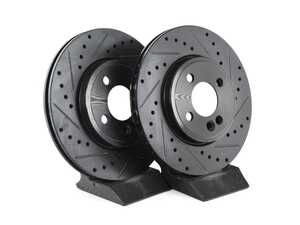 ES#4668609 - 34116858651-XS - Front V5 Drilled & Slotted Brake Rotors - Set (280x22) - Precision manufactured for consistent stopping power during high performance driving. Featuring a matte black zinc coating for corrosion protection. - ECS - MINI