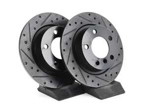 ES#4668450 - 34219811539-XS - Rear V5 Drilled & Slotted Brake Rotors - Set (280x10) - Precision manufactured for consistent stopping power during high performance driving. Featuring a matte black zinc coating for corrosion protection - ECS - MINI