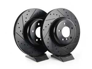 ES#4669145 - 34116763824-XS - Front V5 Drilled & Slotted Brake Rotors - Set (348x30) - Precision manufactured for consistent stopping power during high performance driving. Featuring a matte black zinc coating for corrosion protection. - ECS - BMW