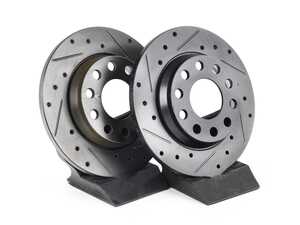 ES#4668234 - 8E0615601Q-XS - Rear V5 Drilled & Slotted Brake Rotors - Set (255x12)
 - Precision manufactured for consistent stopping power during high performance driving. Featuring a matte black zinc coating for corrosion protection. - ECS - Audi
